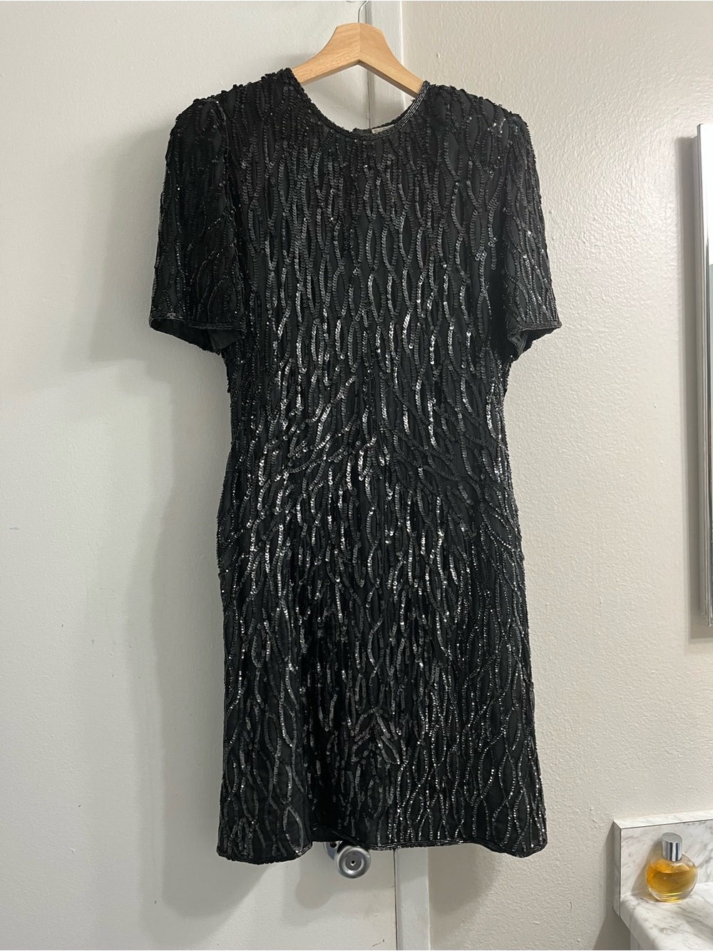 Vintage Silky Nites New York Black Sequin 100% silk cocktail evening Dress